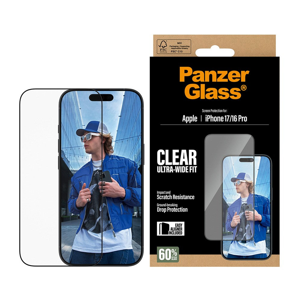 PanzerGlass iPhone 17 / 16 Pro Hærdet Beskyttelsesglas inkl. EasyAligner - Ultra Wide Fit - Gennemsigtig