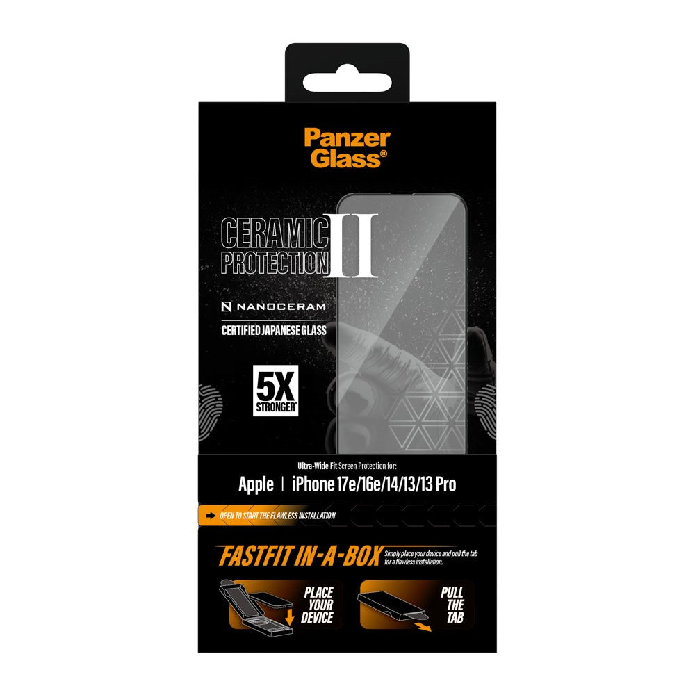 iPhone 17e / 16e / 14 / 13 / 13 Pro PanzerGlass Ceramic - Ultra-Wide Fit - Skærmbeskyttelsesglas m. FastFit In-A-Box - Gennemsigtig