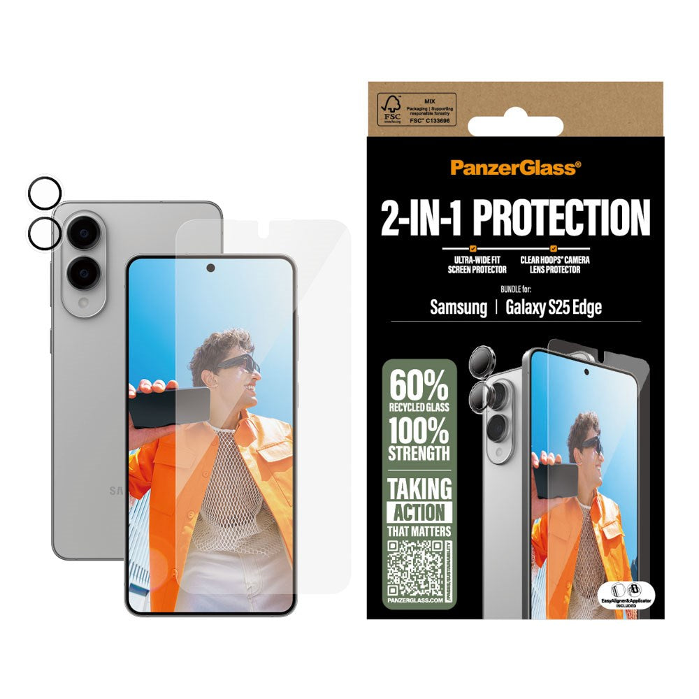 Samsung Galaxy S25 Edge PanzerGlass 2-i-1 Bundle m. EasyAligner - Skærmbeskyttelse / Kamerabeskyttelse - Gennemsigtig / Sort