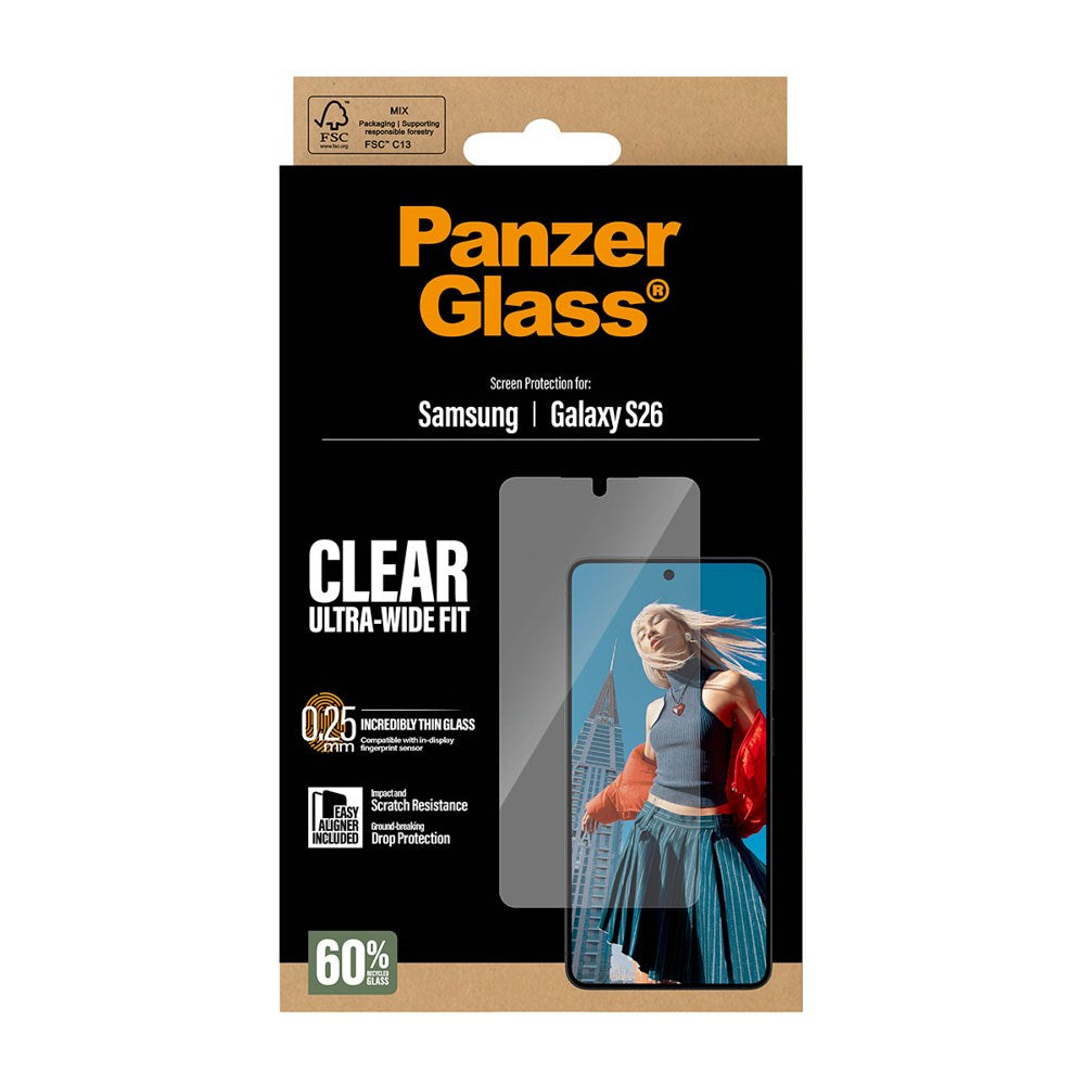 Samsung Galaxy S26 PanzerGlass Hærdet Beskyttelsesglas inkl. EasyAligner - Ultra Wide Fit - Gennemsigtig
