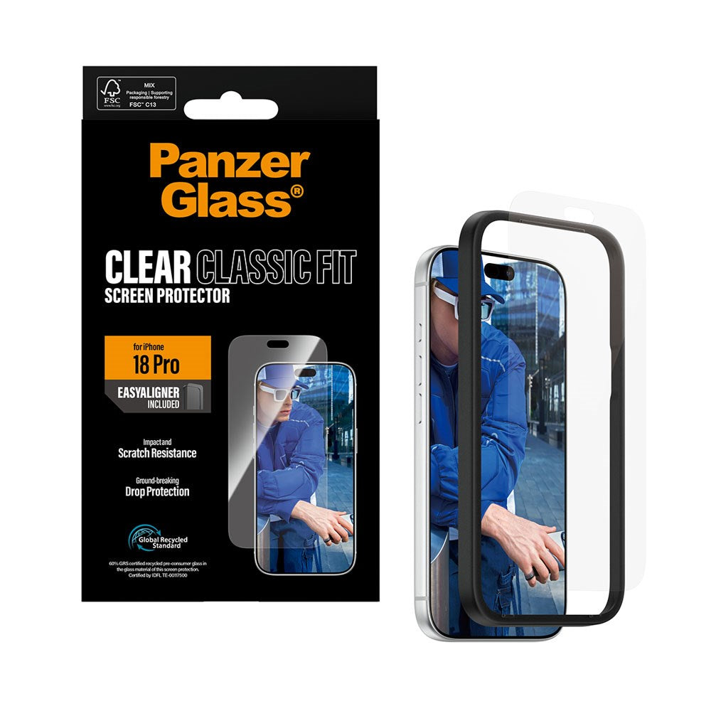 iPhone 18 Pro PanzerGlass Hærdet Beskyttelsesglas - Classic Fit m. EasyAligner - Gennemsigtig