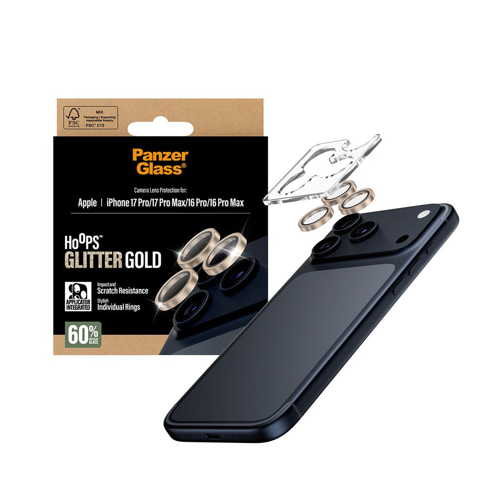 PanzerGlass iPhone 17 Pro / 17 Pro Max / 16 Pro / 16 Pro Max Hoops Kamerabeskyttelsesglas inkl. Installationsramme - Glitter Guld