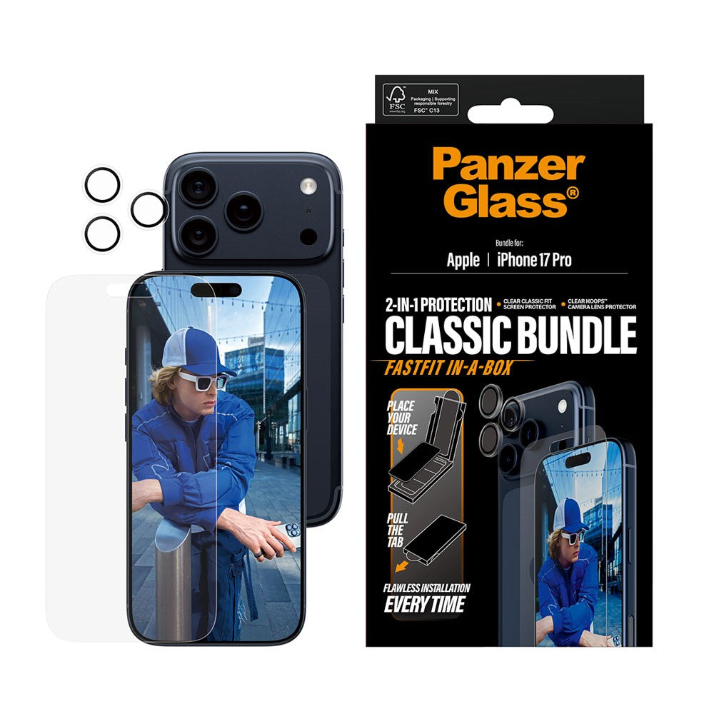 iPhone 17 Pro PanzerGlass 2-in-1 Classic Bundle m. Classic Fit Skærmbeskyttelse & Hoops Kameralinsebeskyttelse - Gennemsigtig
