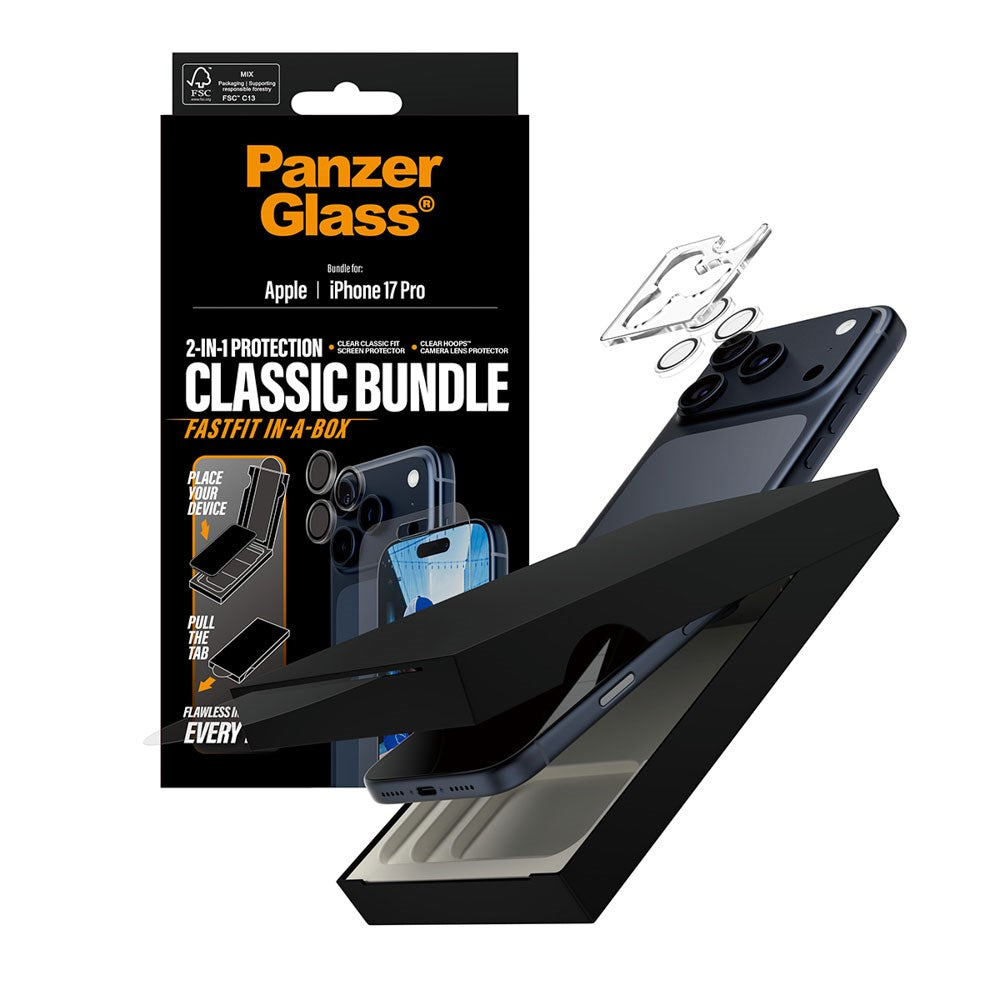 iPhone 17 Pro PanzerGlass 2-in-1 Classic Bundle m. Classic Fit Skærmbeskyttelse & Hoops Kameralinsebeskyttelse - Gennemsigtig
