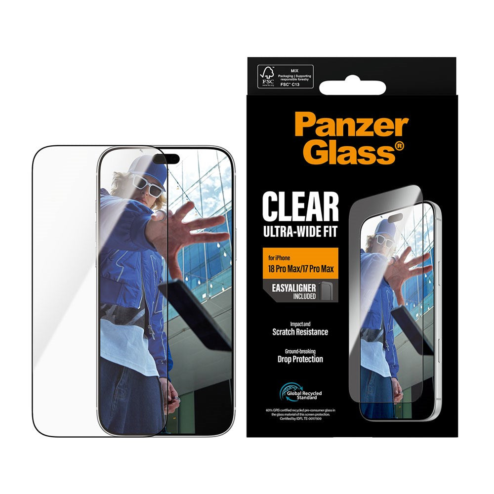 iPhone 18 Pro Max / 17 Pro Max PanzerGlass Hærdet Beskyttelsesglas - Ultra Wide Fit m. EasyAligner - Gennemsigtig