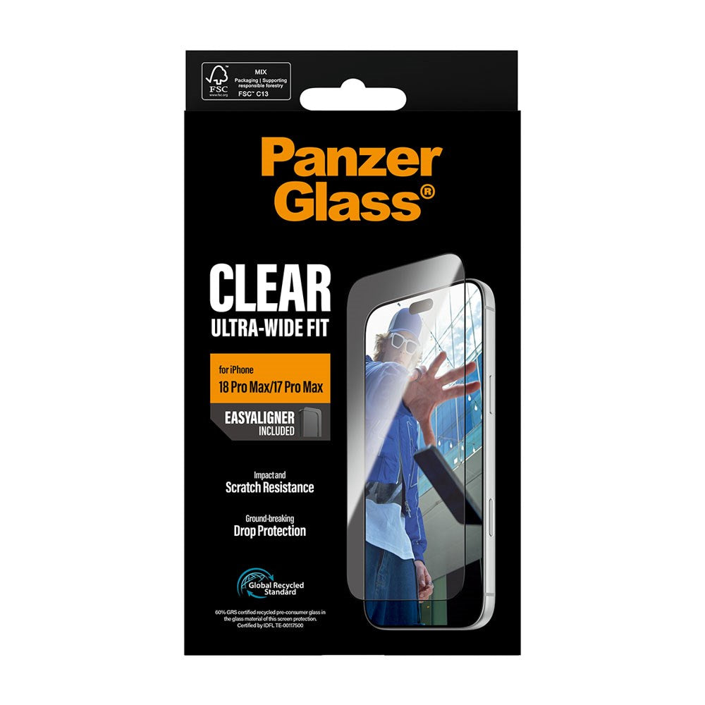 iPhone 18 Pro Max / 17 Pro Max PanzerGlass Hærdet Beskyttelsesglas - Ultra Wide Fit m. EasyAligner - Gennemsigtig