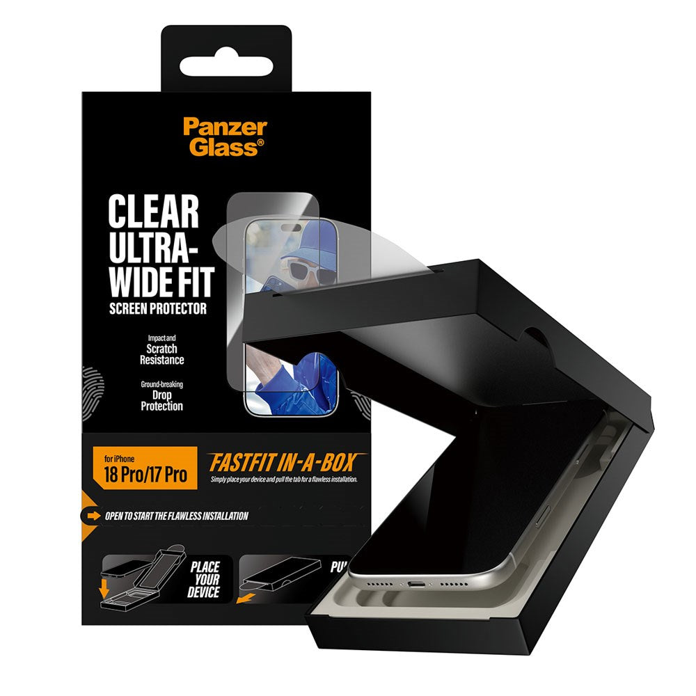 iPhone 18 Pro / 17 Pro PanzerGlass Hærdet Beskyttelsesglas inkl. FastFit In-A-Box - Ultra Wide Fit - Gennemsigtig