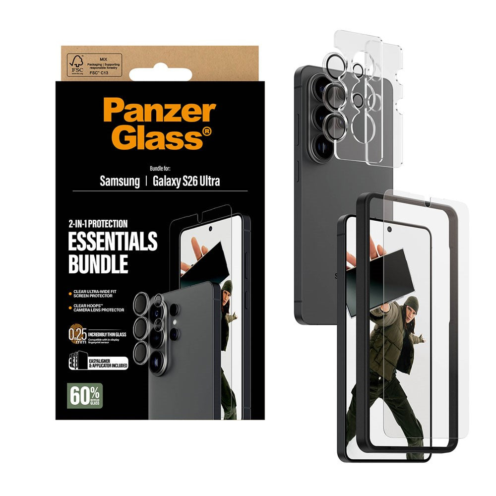 Samsung Galaxy S26 Ultra PanzerGlass Hoops 2-in-1 Bundle m. 1 x EasyAligner 1 x Skærmbeskyttelse (UWF) 1 x Hoops Kameralinsebeskyttelse - Gennemsigtig