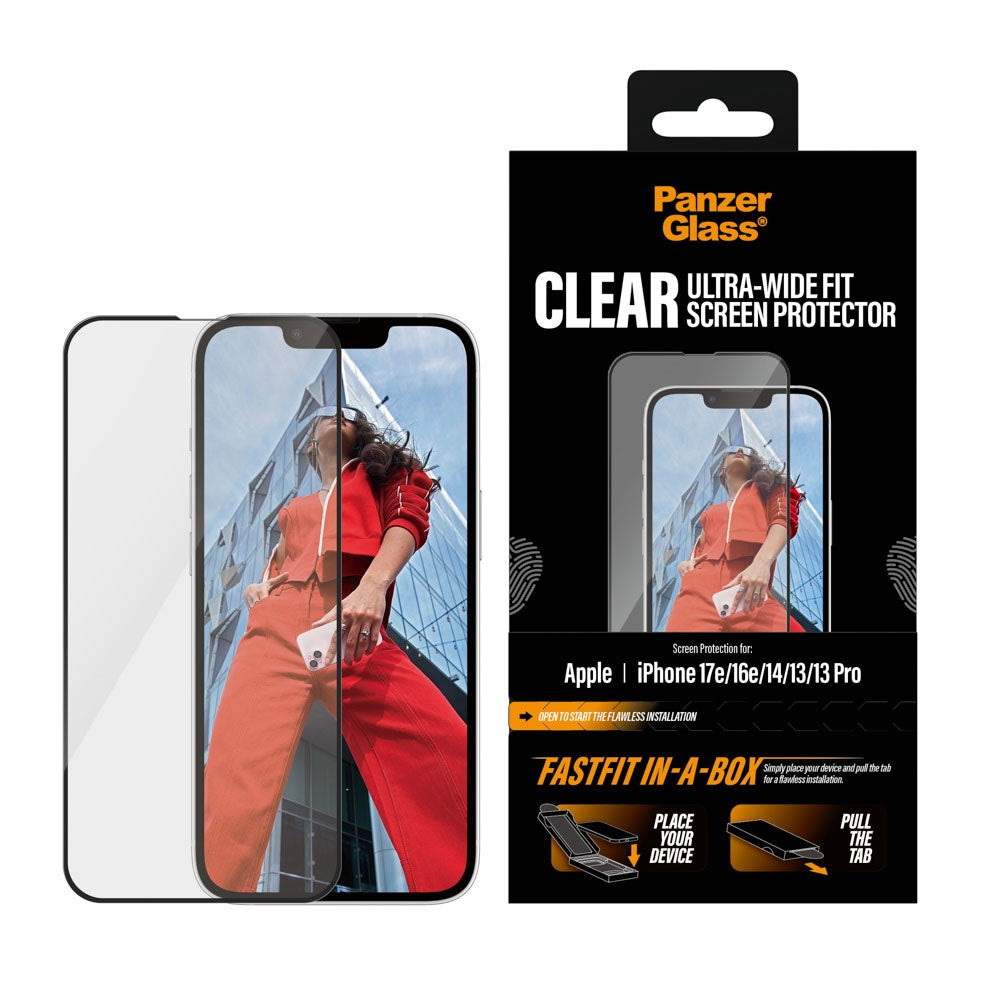 iPhone 17e / 16e / 14 / 13 / 13 Pro PanzerGlass Hærdet Beskyttelsesglas inkl. FastFit In-A-Box - Ultra Wide Fit - Gennemsigtig