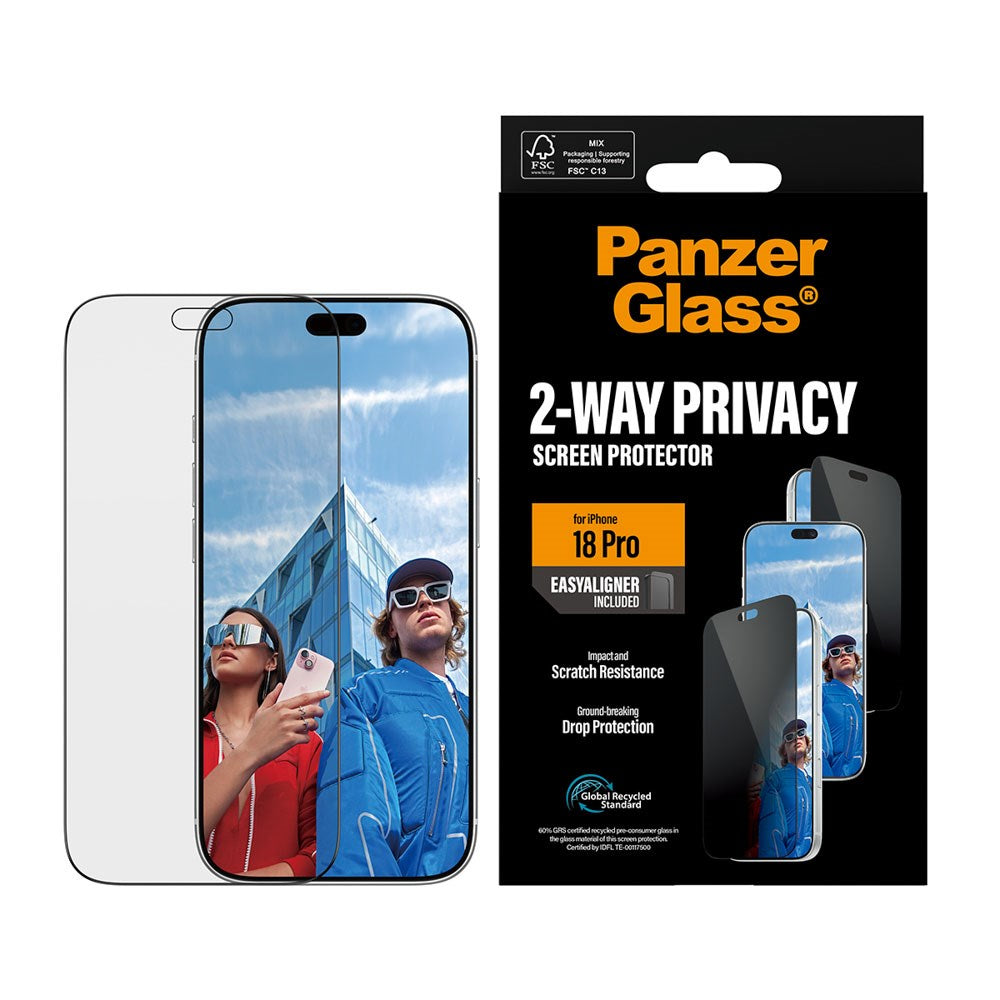 iPhone 18 Pro PanzerGlass Hærdet Beskyttelsesglas - Ultra Wide Fit m. EasyAligner - Privacy Funktion - Gennemsigtig