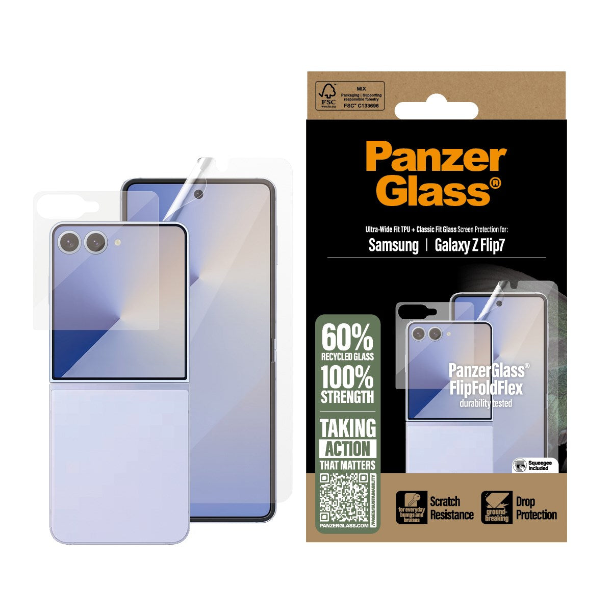 Samsung Galaxy Z Flip7 - PanzerGlass - FlipFoldFlex Ultra Wide Fit Film & Classic Fit Glas - Gennemsigtig