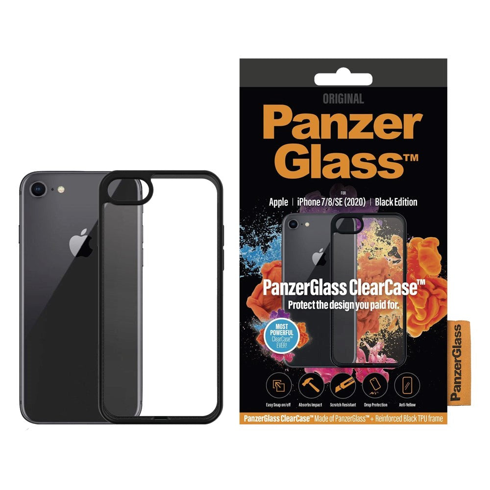 iPhone SE (2022 / 2020) / 8 / 7 / 6 / 6s Cover PanzerGlass ClearCase m. Sorte Kanter