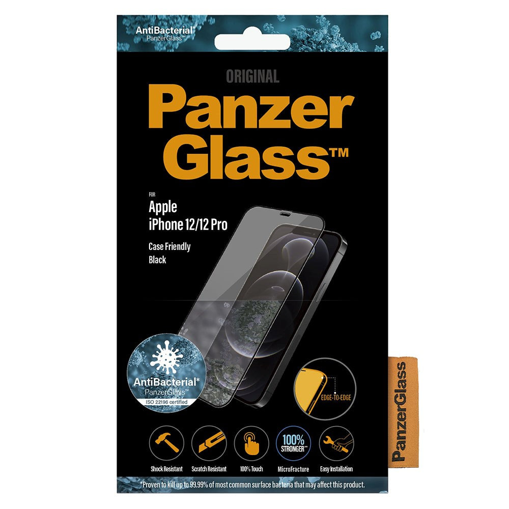 PanzerGlass iPhone 12 / 12 Pro AntiBacterial Edge-To-Edge Skærmbeskyttelse - Case Friendly - Sort Kant