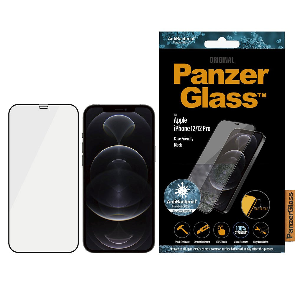 PanzerGlass iPhone 12 / 12 Pro AntiBacterial Edge-To-Edge Skærmbeskyttelse - Case Friendly - Sort Kant