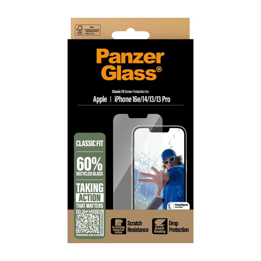 iPhone 16e / 14 / 13 / 13 Pro PanzerGlass Classic Fit Beskyttelsesglas m. EasyAligner - Gennemsigtig