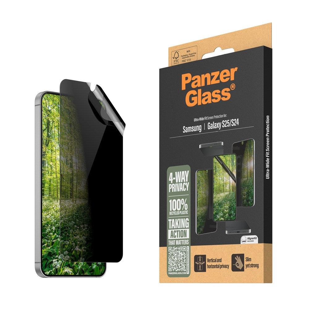 PanzerGlass Samsung Galaxy S25 Eco Matrix 4-Way Privacy Skærmbeskyttelse Ultra Wide Fit m. Alignerkit - Platinum Strength - Gennemsigtig