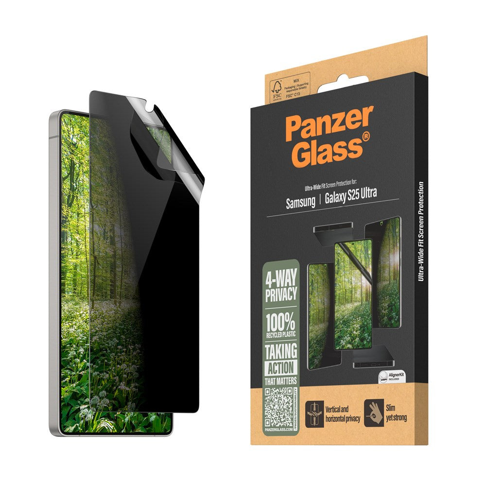 PanzerGlass Samsung Galaxy S25 Ultra Eco Matrix 4-Way Privacy Skærmbeskyttelse Ultra Wide Fit m. Alignerkit - Platinum Strength - Gennemsigtig