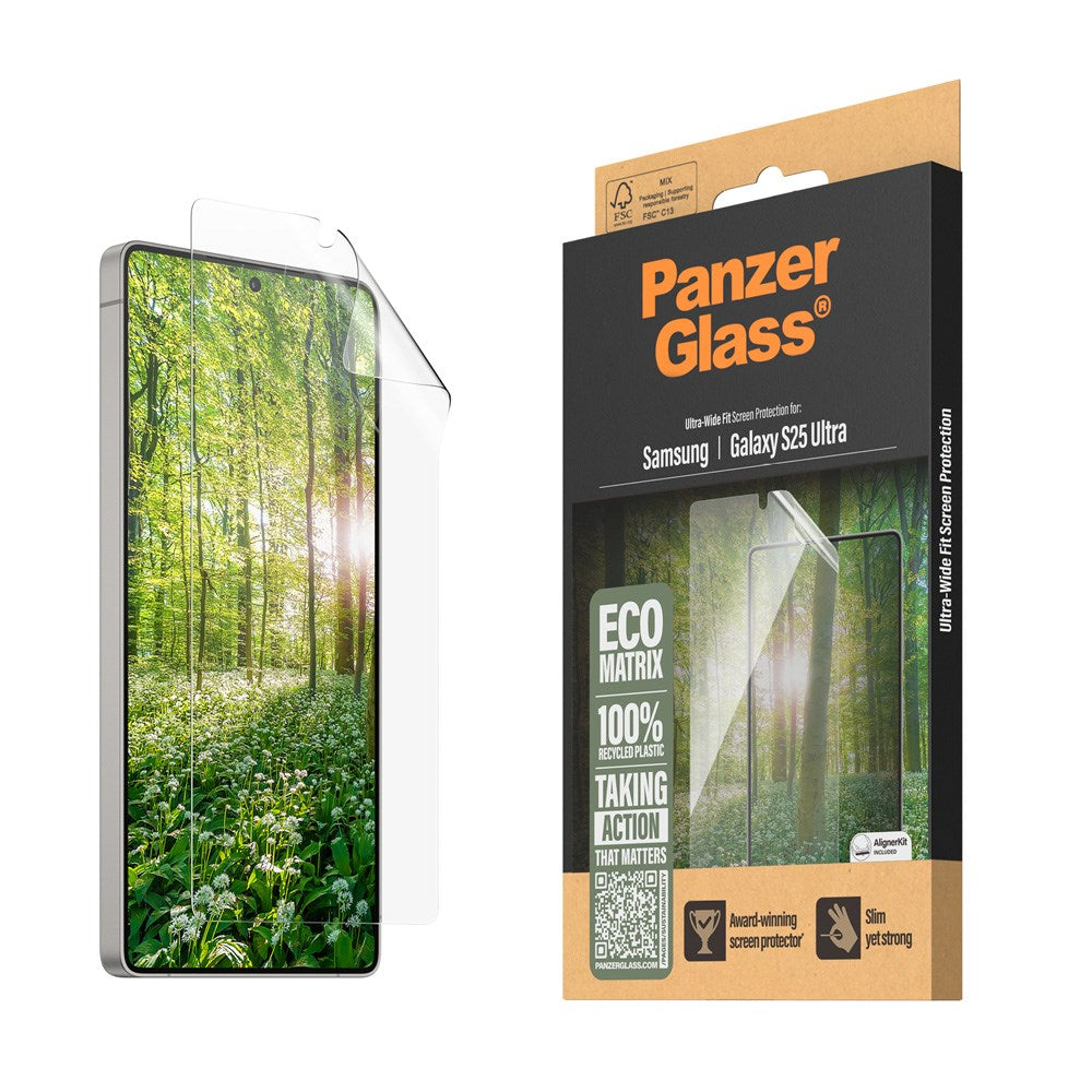 Samsung Galaxy S25 Ultra PanzerGlass Eco Matrix Beskyttelsesglas - Ultra Wide Fit - Alignerkit - Platinum Strength - Gennemsigtig