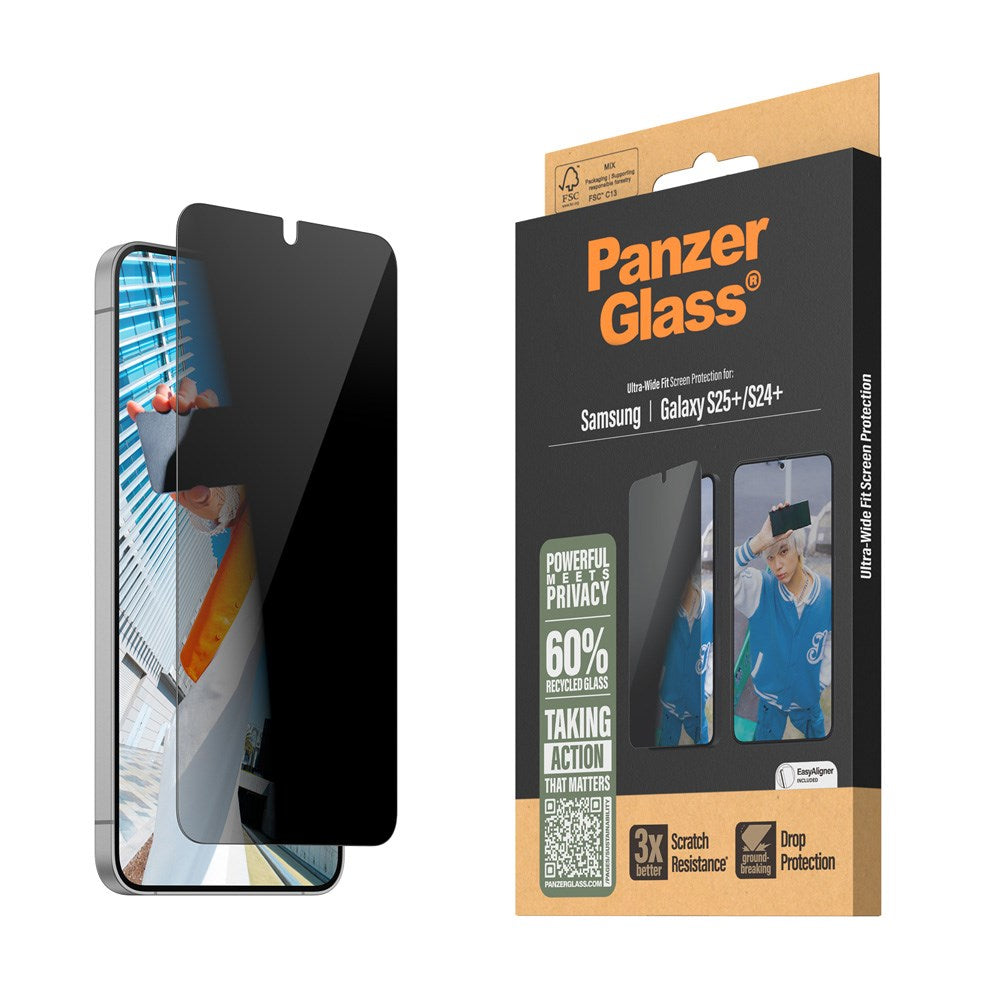 Samsung Galaxy S25+ (Plus) - PanzerGlass Ultra-Wide Fit Skærmbeskyttelsesglas - Privacy Funktion - Gennemsigtig