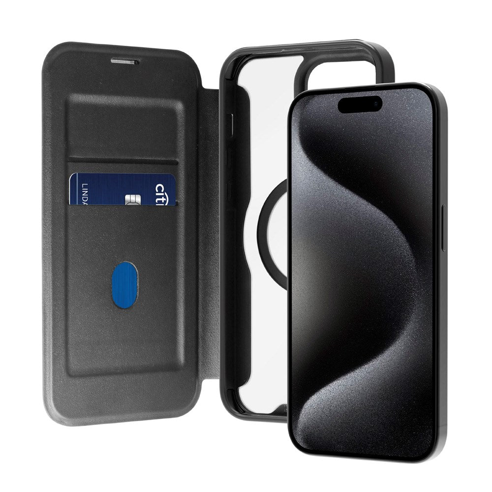 Puro Booklet Magsafe Cover til iPhone 15 - Horisontal Flip + 2 Kortlommer - Sort