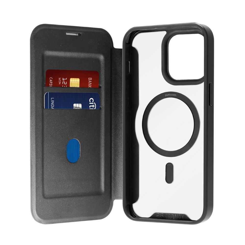 Puro Booklet Magsafe Cover til iPhone 15 - Horisontal Flip + 2 Kortlommer - Sort
