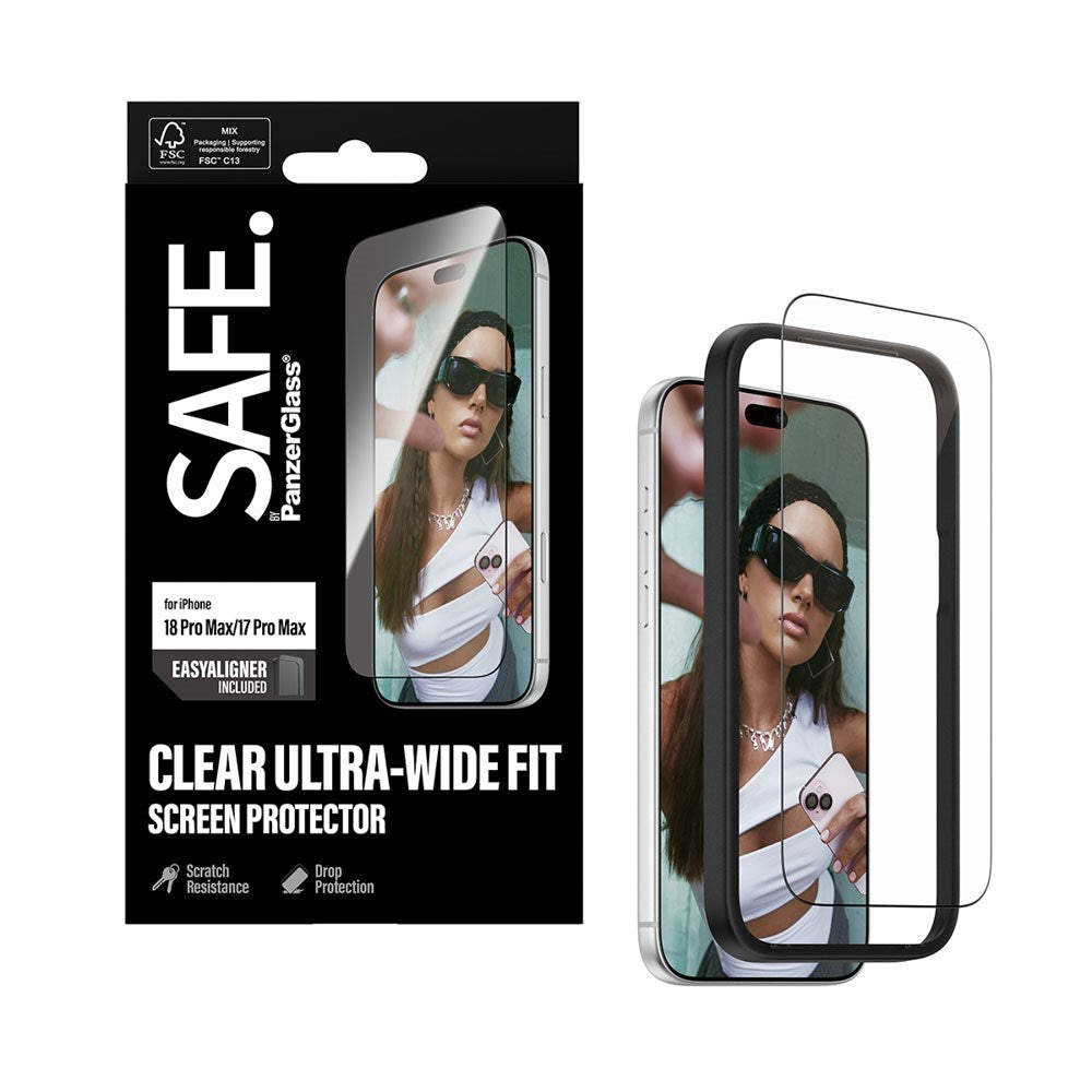 iPhone 18 Pro Max / 17 Pro Max - SAFE by PanzerGlass Ultra-Wide Fit m. EasyAligner - Skærmbeskyttelse - Gennemsigtig