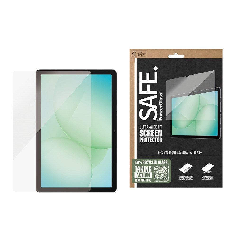 Samsung Galaxy Tab A11+ (Plus) / A9+ (Plus) - SAFE by PanzerGlass Ultra-Wide Fit Skærmbeskyttelse - inkl. Installationsramme - Gennemsigtig