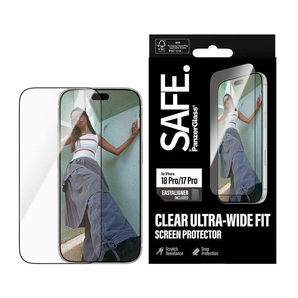 iPhone 18 Pro / 17 Pro - SAFE by PanzerGlass Ultra-Wide Fit m. EasyAligner - Skærmbeskyttelse - Gennemsigtig