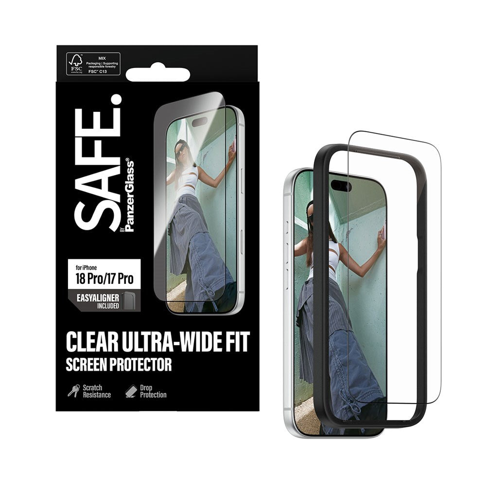 iPhone 18 Pro / 17 Pro - SAFE by PanzerGlass Ultra-Wide Fit m. EasyAligner - Skærmbeskyttelse - Gennemsigtig