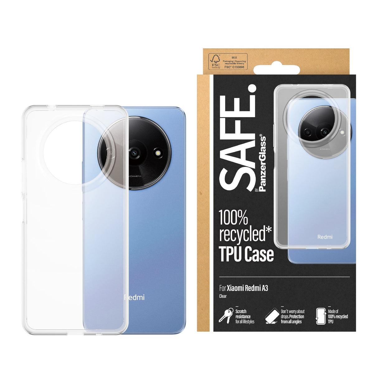 Xiaomi Redmi A3 - SAFE by PanzerGlass Fleksibel Plastik Cover - Gennemsigtig