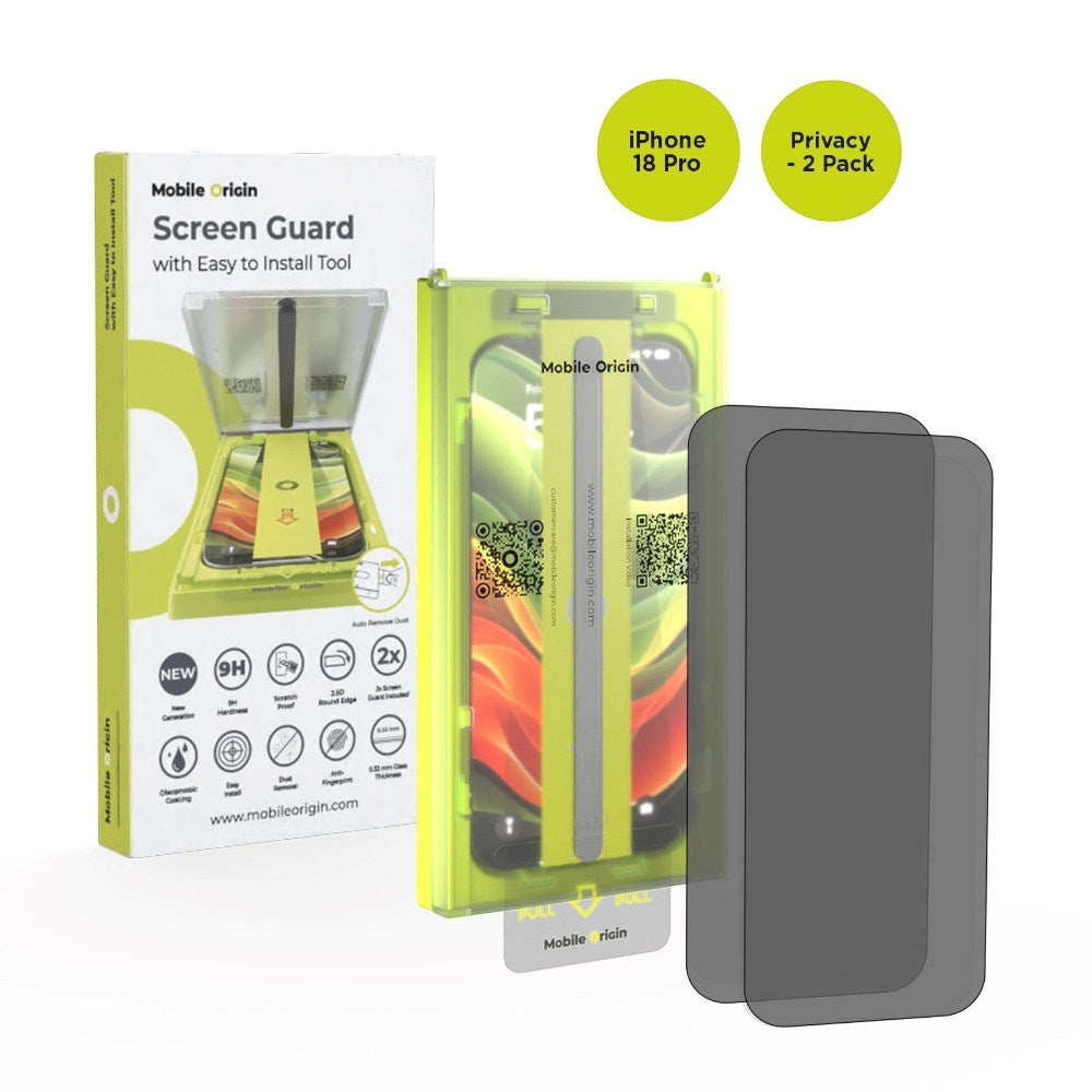 Mobile Origin iPhone 18 Pro Screen Guard Privacy Skærmbeskyttelsesglas inkl. Easy Applicator - 2 Stk. - Gennemsigtig