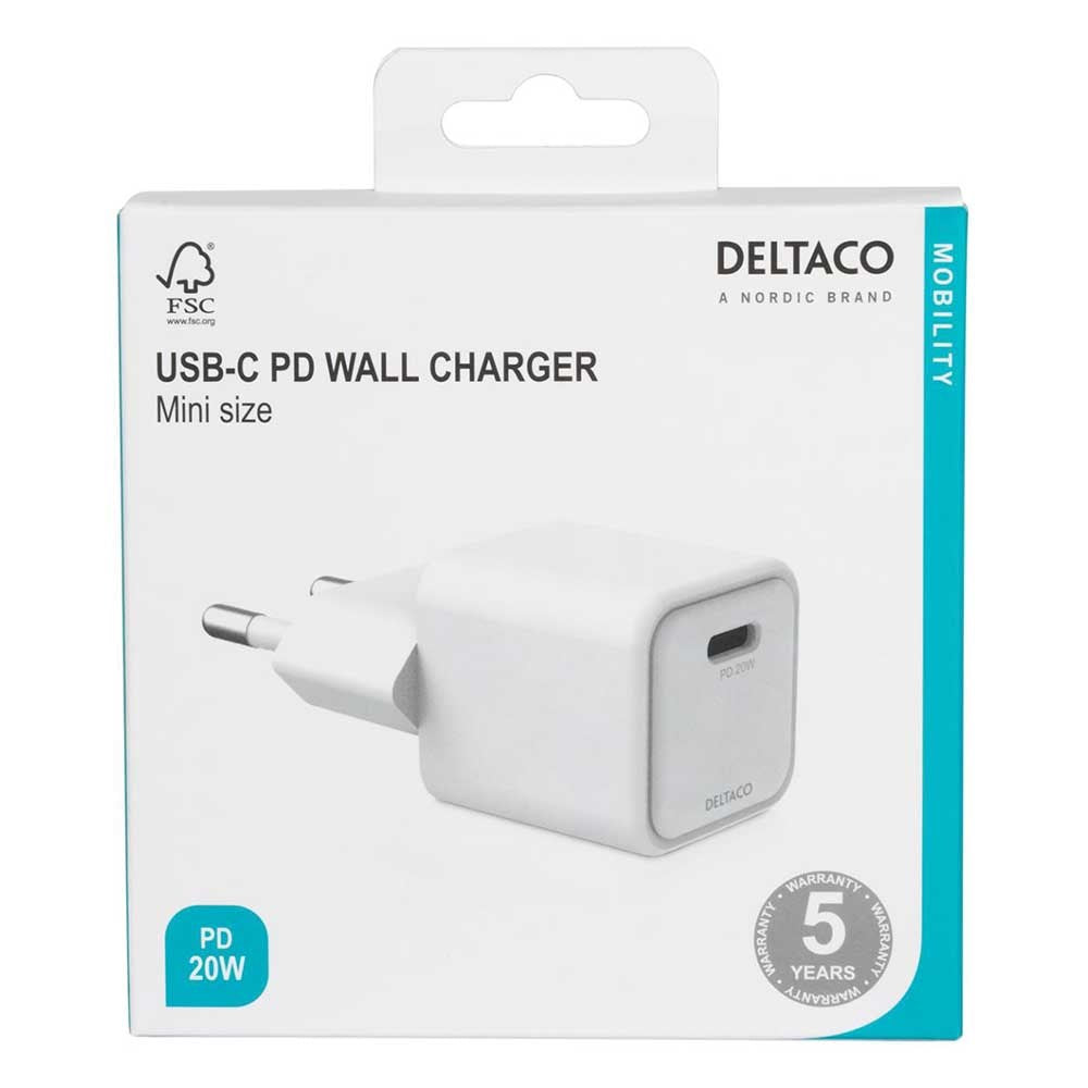 Deltaco Mini Vægoplader m. USB-C PD 20W - Hvid