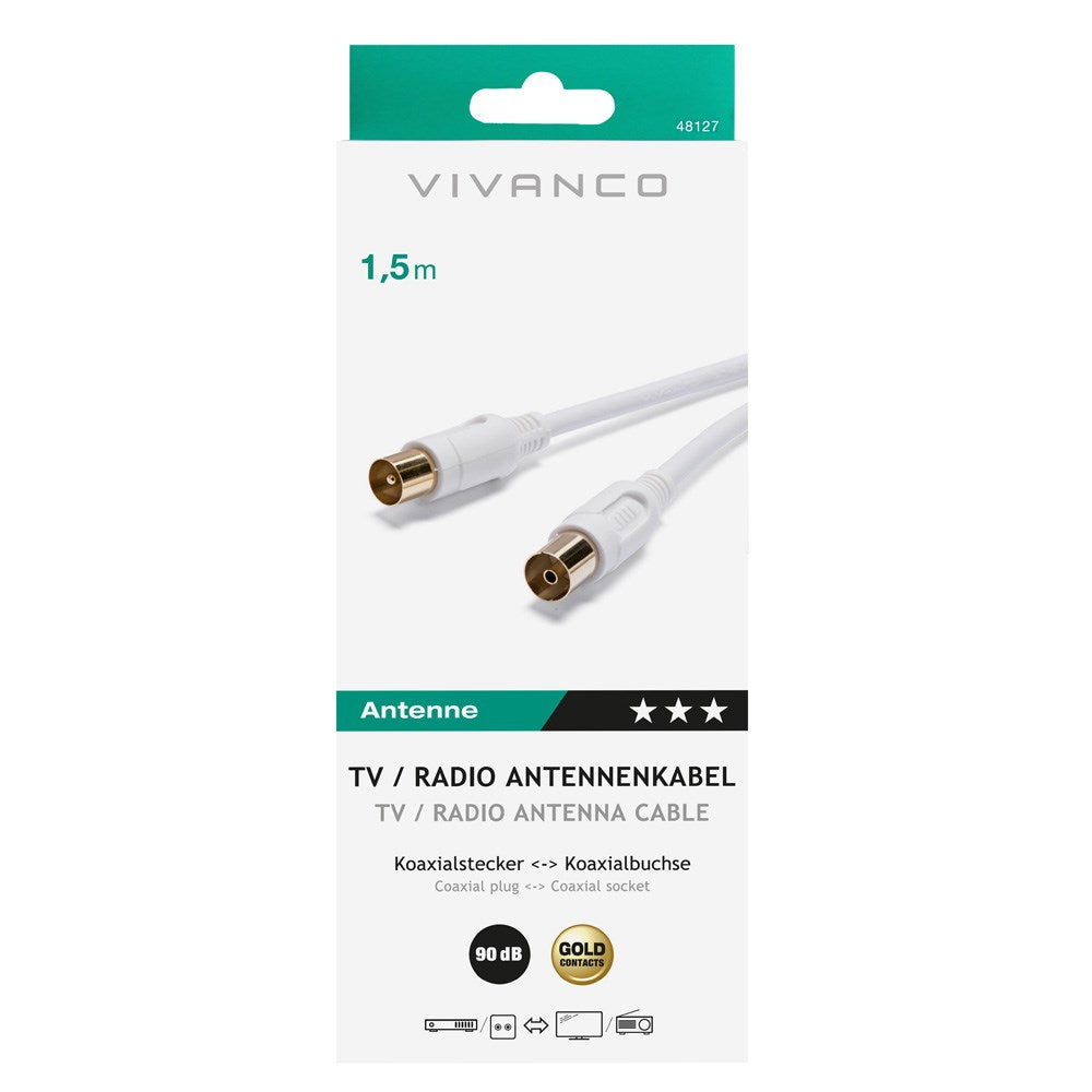 Antennekabel Coaxial 90DB M-F - 1,5m Hvid