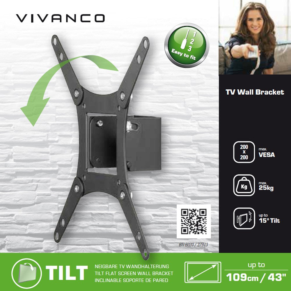 Vivanco TV Vægbeslag m. Vippefunktion til 25kg / 43" - Sort
