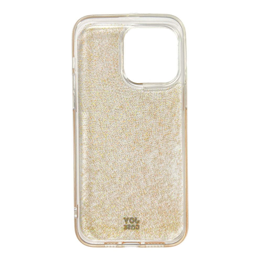 iPhone 14 Pro Max Joy Case Hybrid Glitter Bagside Cover - Gennemsigtig / Guld