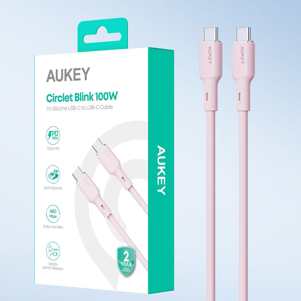 Aukey CB-SCC101 USB-C til USB-C Kabel - Flettet Nylon - 100W - 1m - Lyserød