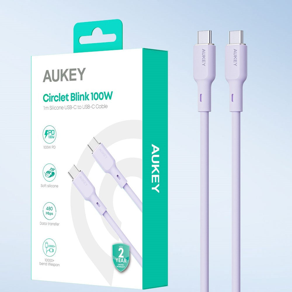 Aukey CB-SCC101 USB-C til USB-C Kabel - Flettet Nylon - 100W - 1m - Lilla