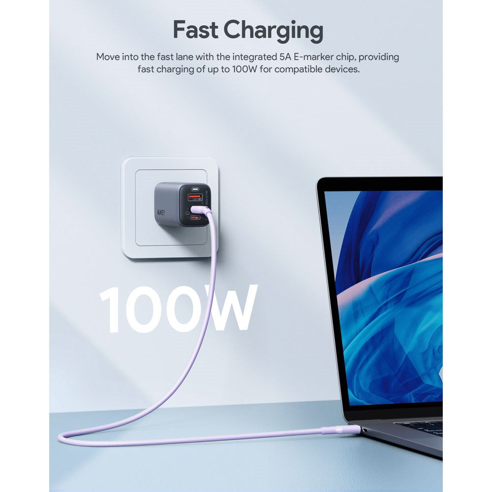 Aukey CB-SCC101 USB-C til USB-C Kabel - Flettet Nylon - 100W - 1m - Lilla