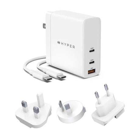 Hyper 140W GaN Vægoplader m. 2 x USB-C, 1 x USB-A og Rejseadaptere - Hvid