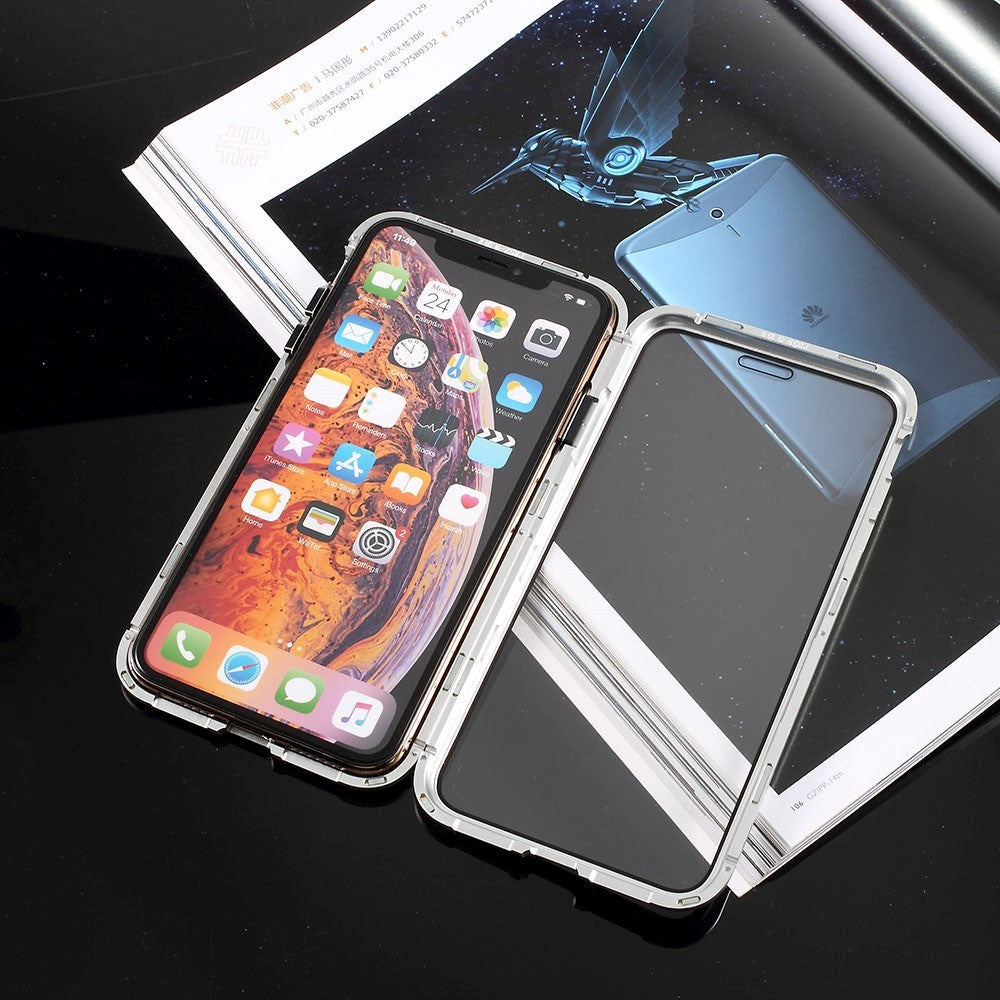 iPhone X / XS 360° Magnetisk Cover m. Glasforside & Bagside - Sølv