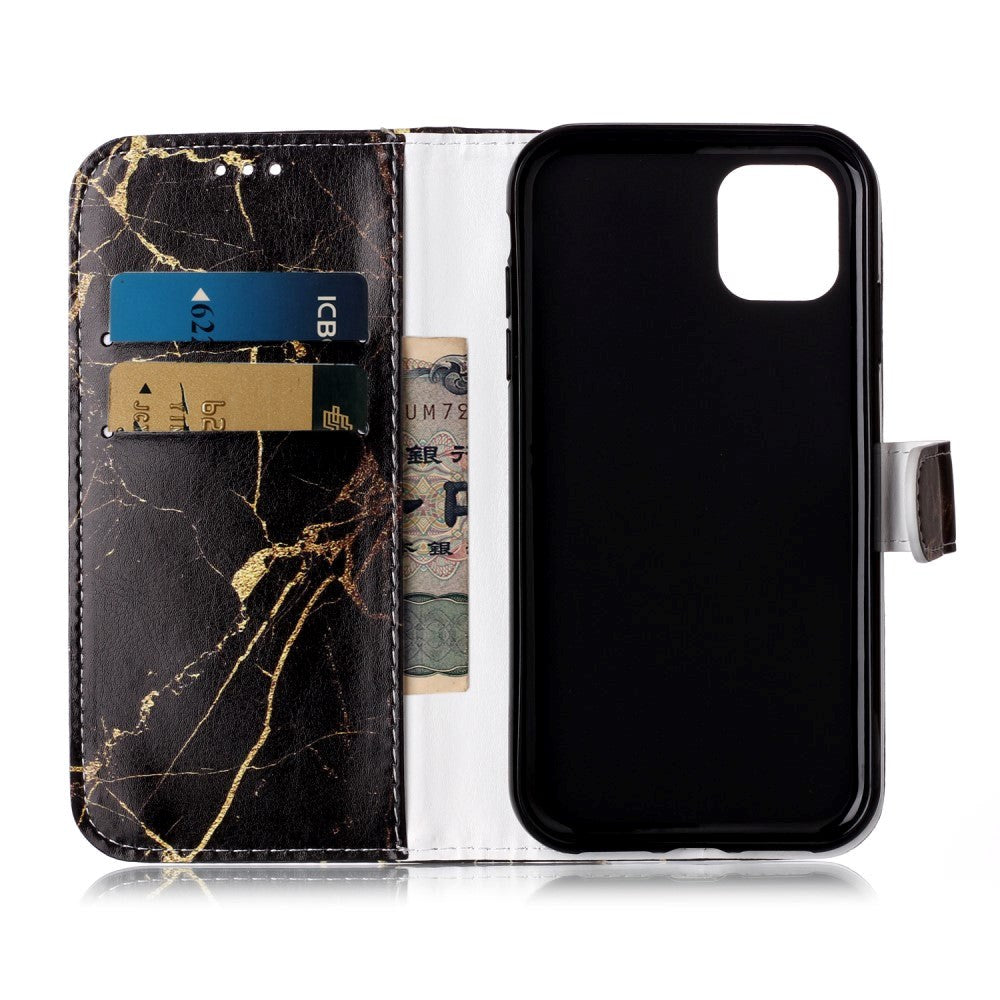 iPhone 11 Læder Flip Cover m. Pung & Print - Sort