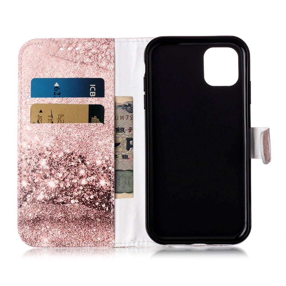 iPhone 11 Læder Flip Cover m. Pung & Print - Rose Gold