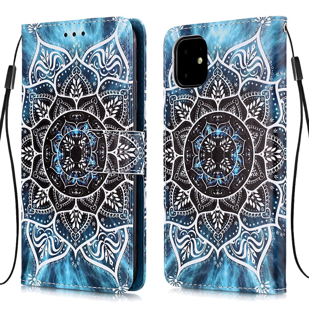 iPhone 11 Læder Cover m. Pung Mandala Blomst Mønster - Blå