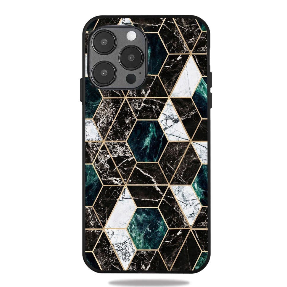 iPhone 12 Pro Max Cover med Print - Geometri - Sort / Grøn / Hvid Marmor