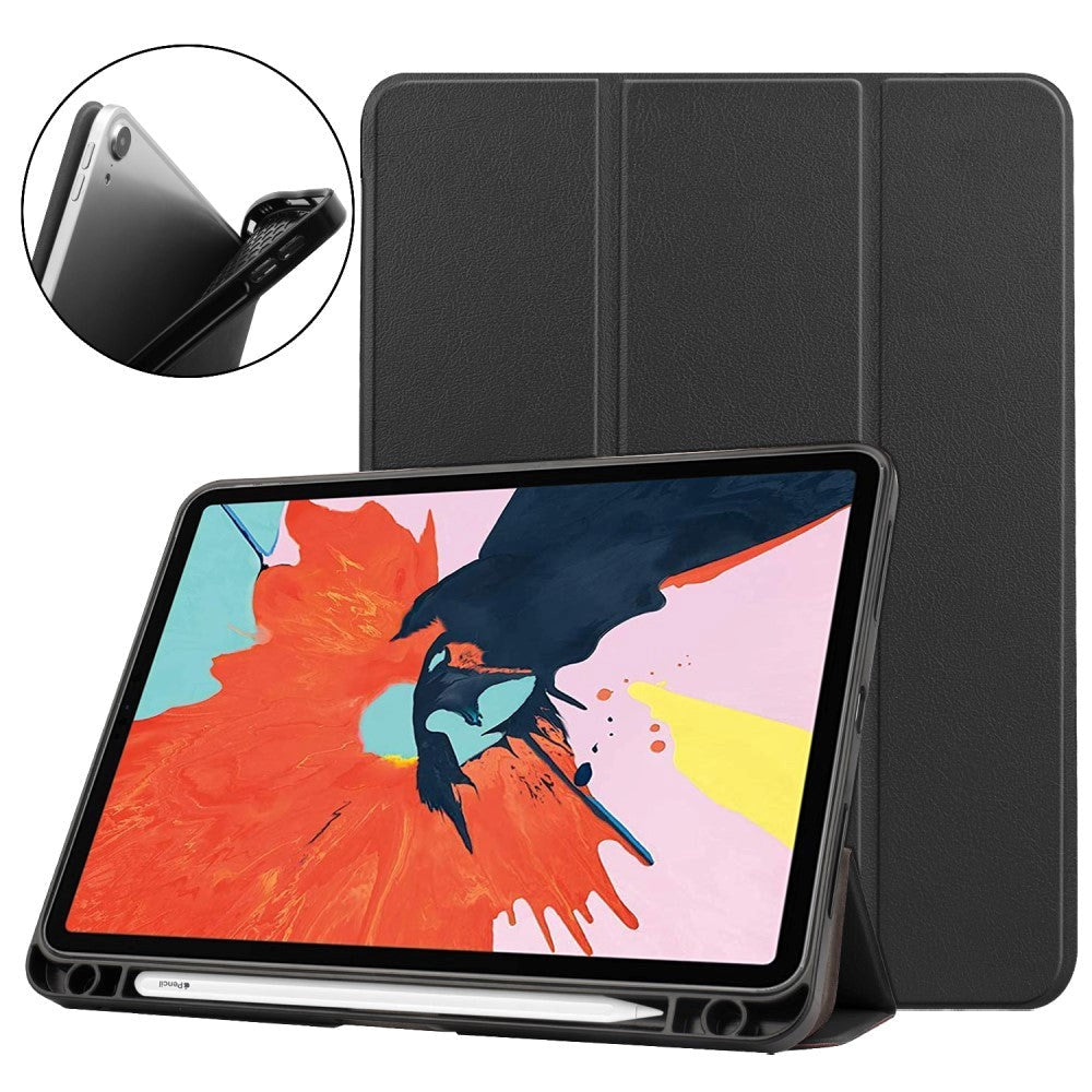 iPad Air 10.9-11" (2024-2020) Litchi Tri-Fold Læder Cover m. Apple Pencil Holder - Sort