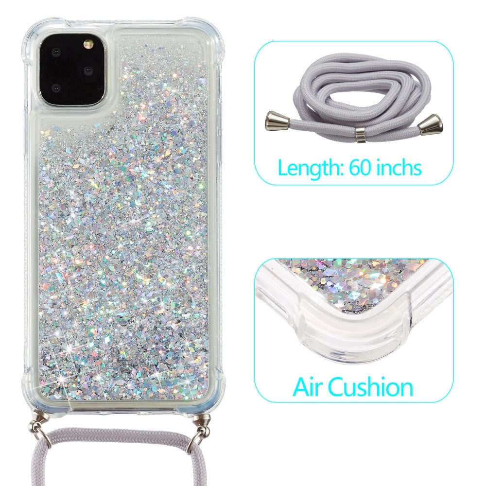 iPhone 12 Pro Max Fleksibelt Plastik Cover m. Snor / Strop - Sølv Glitter