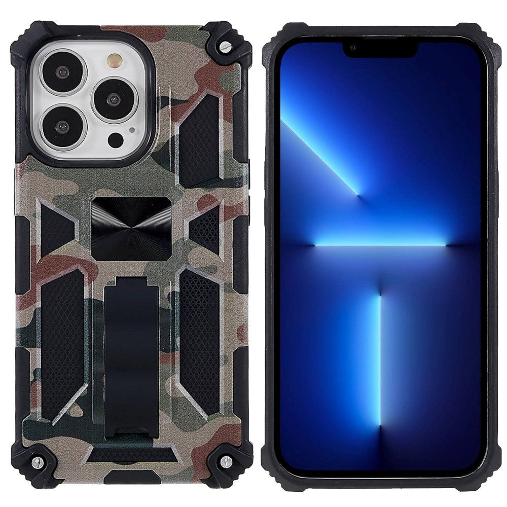 iPhone 13 Pro Camouflage Håndværker Bagside Cover m. Kickstand - Army Grøn