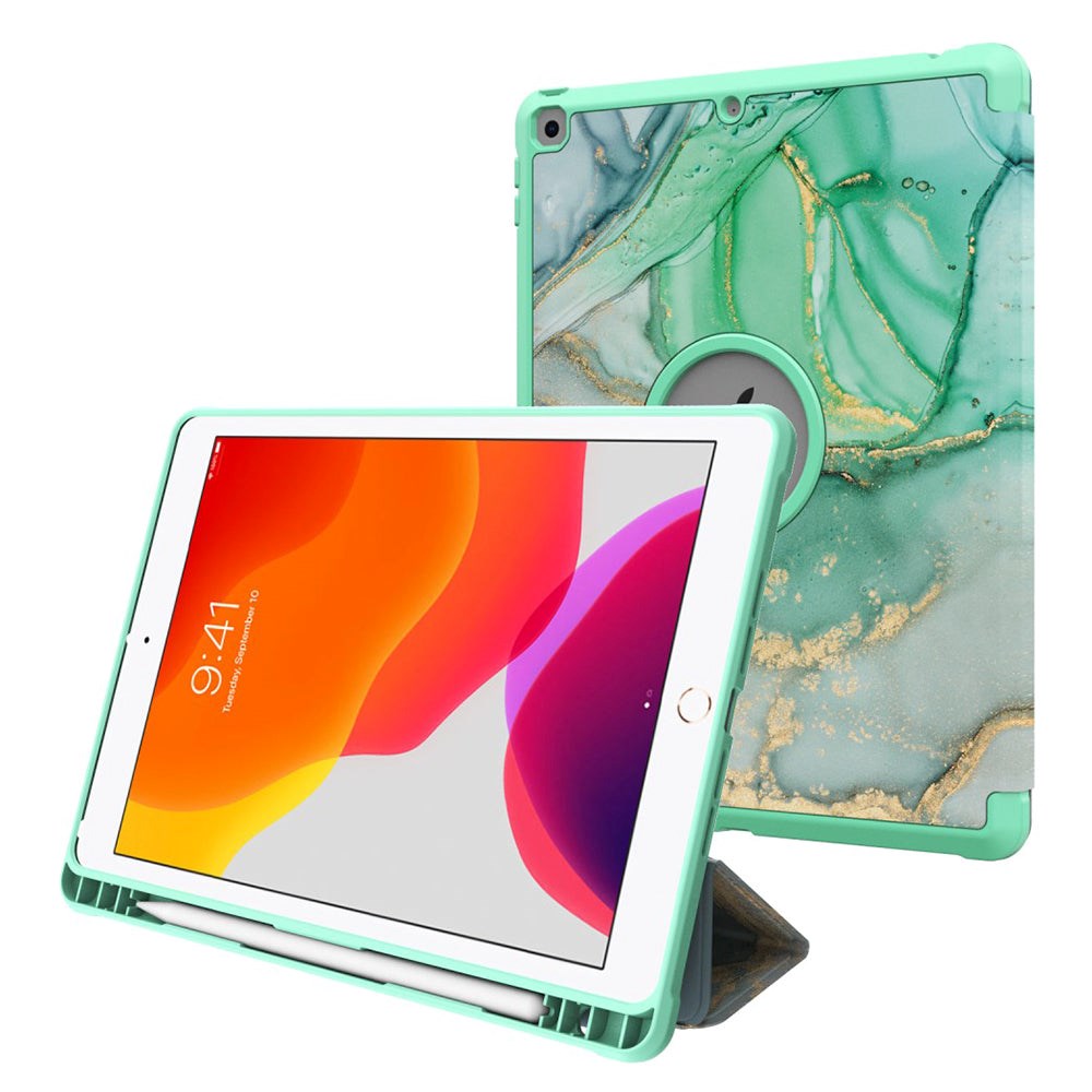 iPad 10.2" (2021 / 2020 / 2019) Imiteret Læder Flip Cover m. Pencil Holder - Grøn Marmor