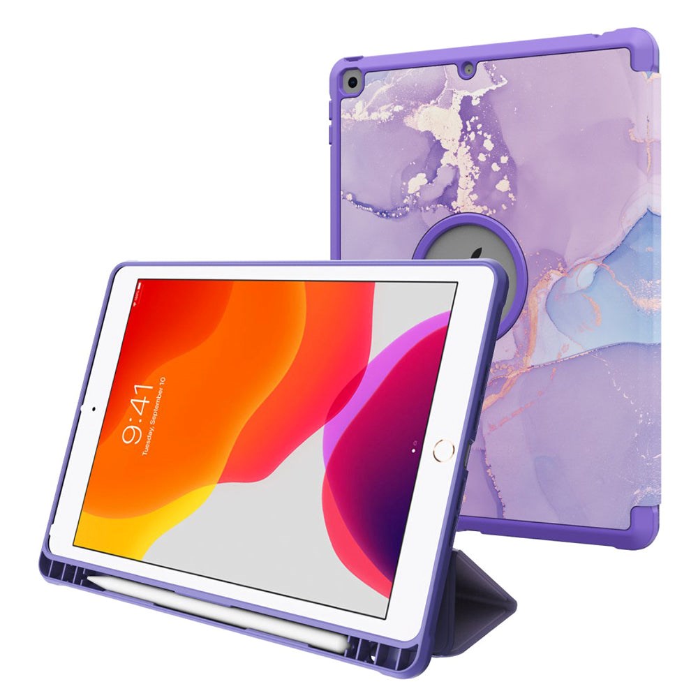 iPad 10.2" (2021 / 2020 / 2019) Imiteret Læder Flip Cover m. Pencil Holder - Lilla Marmor