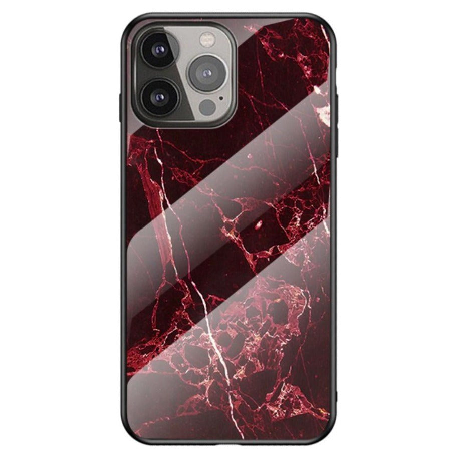 iPhone 13 Pro Fleksibelt Plastik Bagside Cover m. Glasbagside - Blodrød Marmor